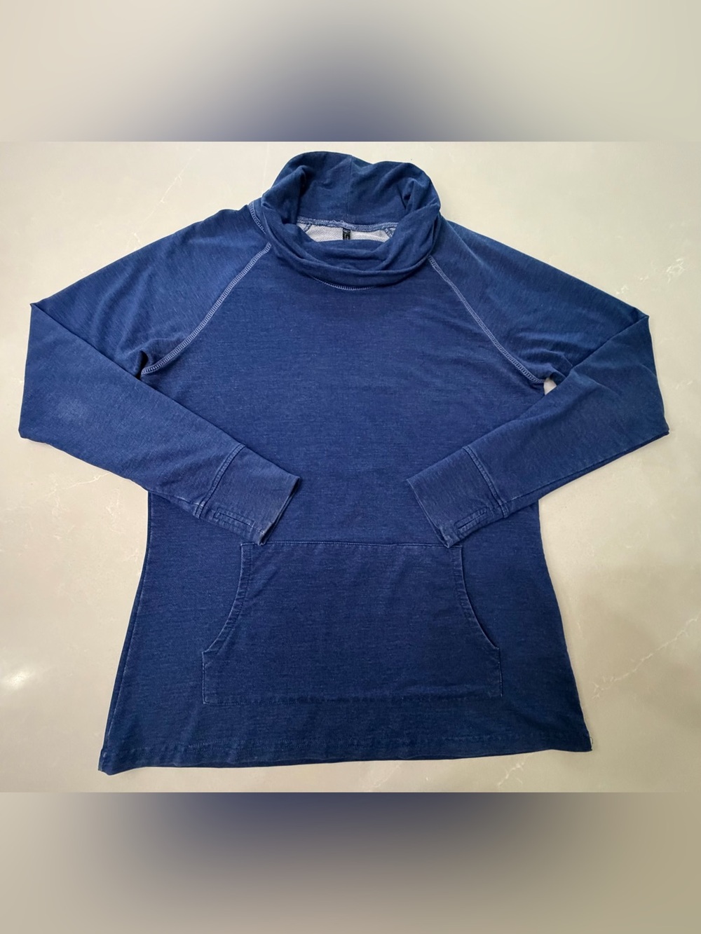 KUHL Alea Distressed Cowl Neck Pullover Top Blue Kangaroo Pocket Raglan, L